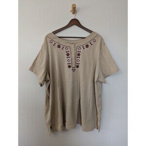 Woman Within Embroidered Floral Henley Top Short Sleeve Taupe Purple 26/28 2X